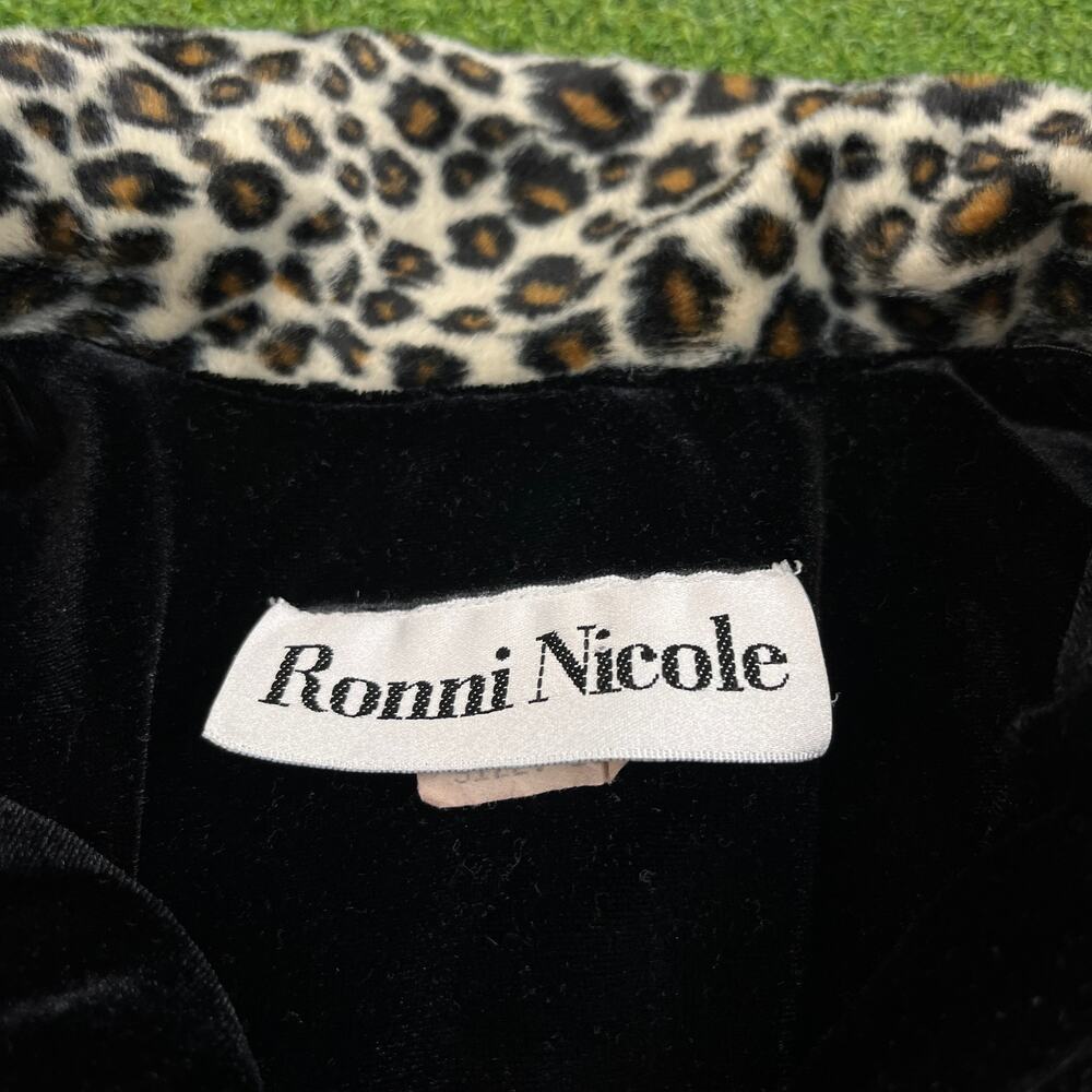 Vintage 90s Ronni Nicole Leopard Trim Black Velvet Shirt Dress Sz 10 - Picture 2 of 6